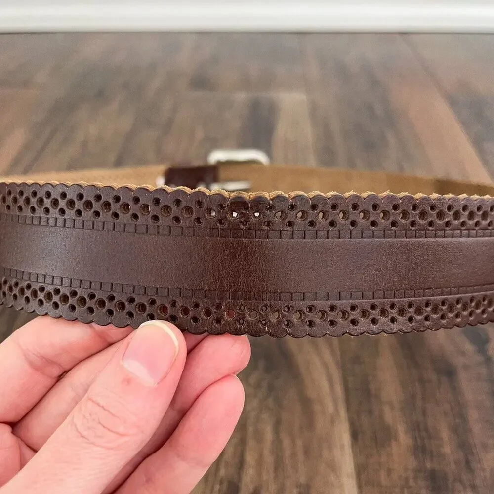 Laser Cut Belt Scallop Edge Solid Brass Buckle Bonded Leather Size Medium Brown
